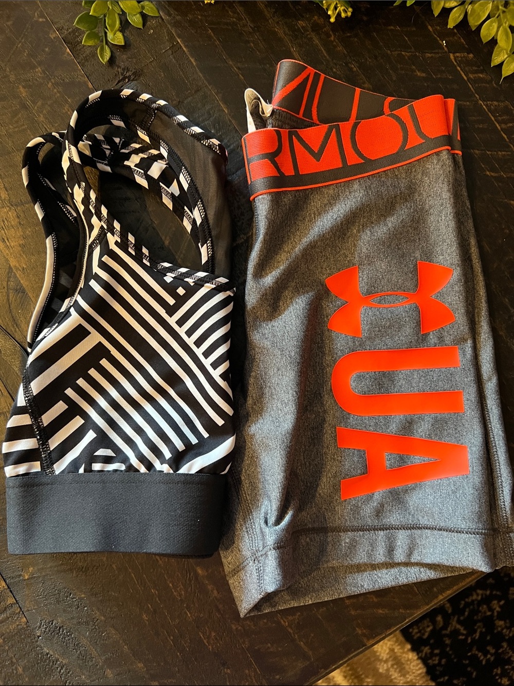 2 Pieces: Under Armour Grey/Orange Compression Shorts & Victoria Sport Sport Bra